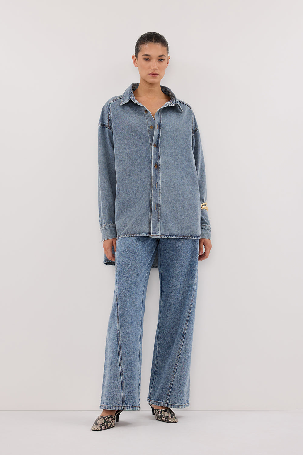 Ashton Classic Oversized Denim Shirt – Blue Washed Longline Fit