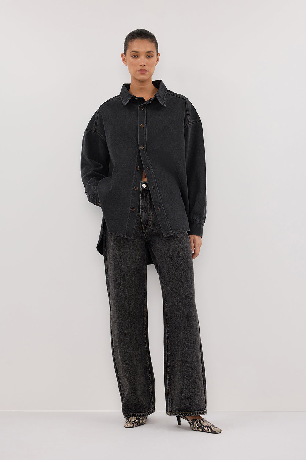 Ashton Oversized Denim Shirt - Washed Black, Relaxed Fit