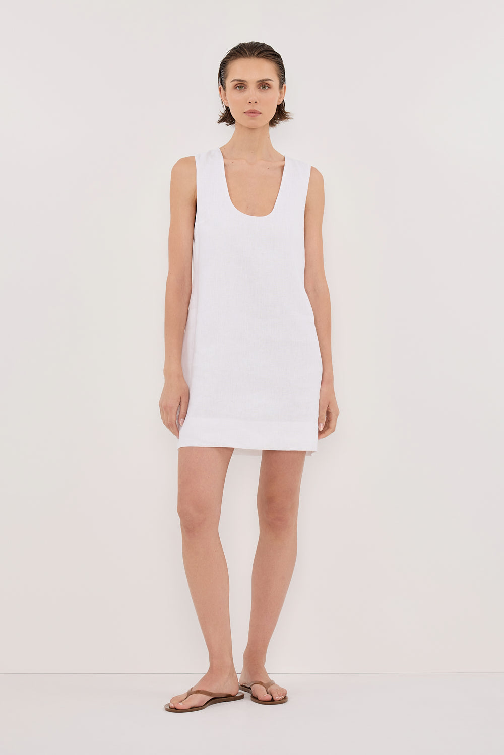 White Linen Mini Dress - Sleeveless Scoop Neck Summer Dress