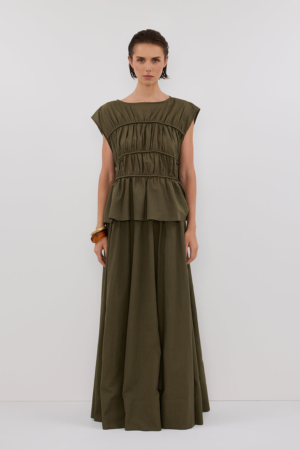 Flynn Olive Linen Blend Tiered Top - Boxy Fit & Flared Silhouette