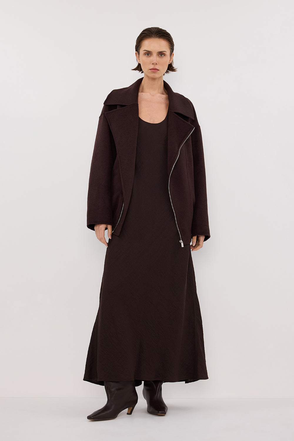 Elaine Oversized Wool Biker Jacket – Dark Chocolate Brown