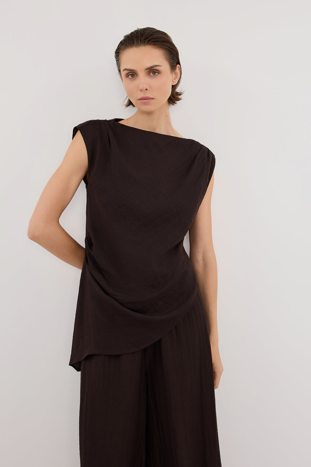 Shyla Bitter Chocolate Asymmetrical Linen Top with Boat Neck
