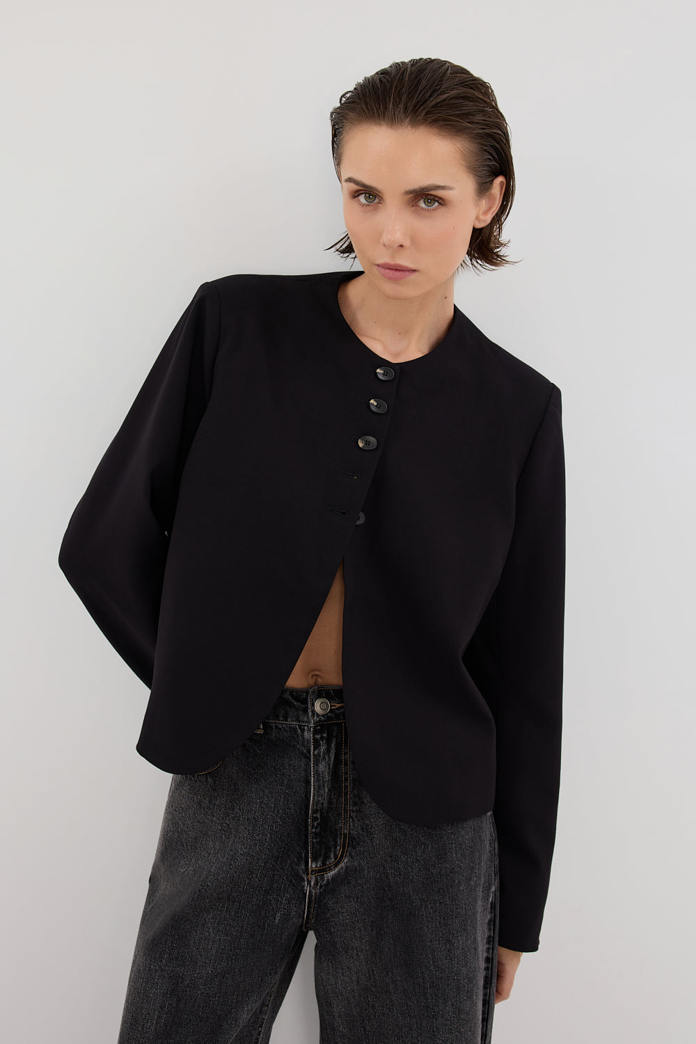 Ryan Black Cropped Blazer for Women - Structured Boxy Jacket with Tort Buttons
