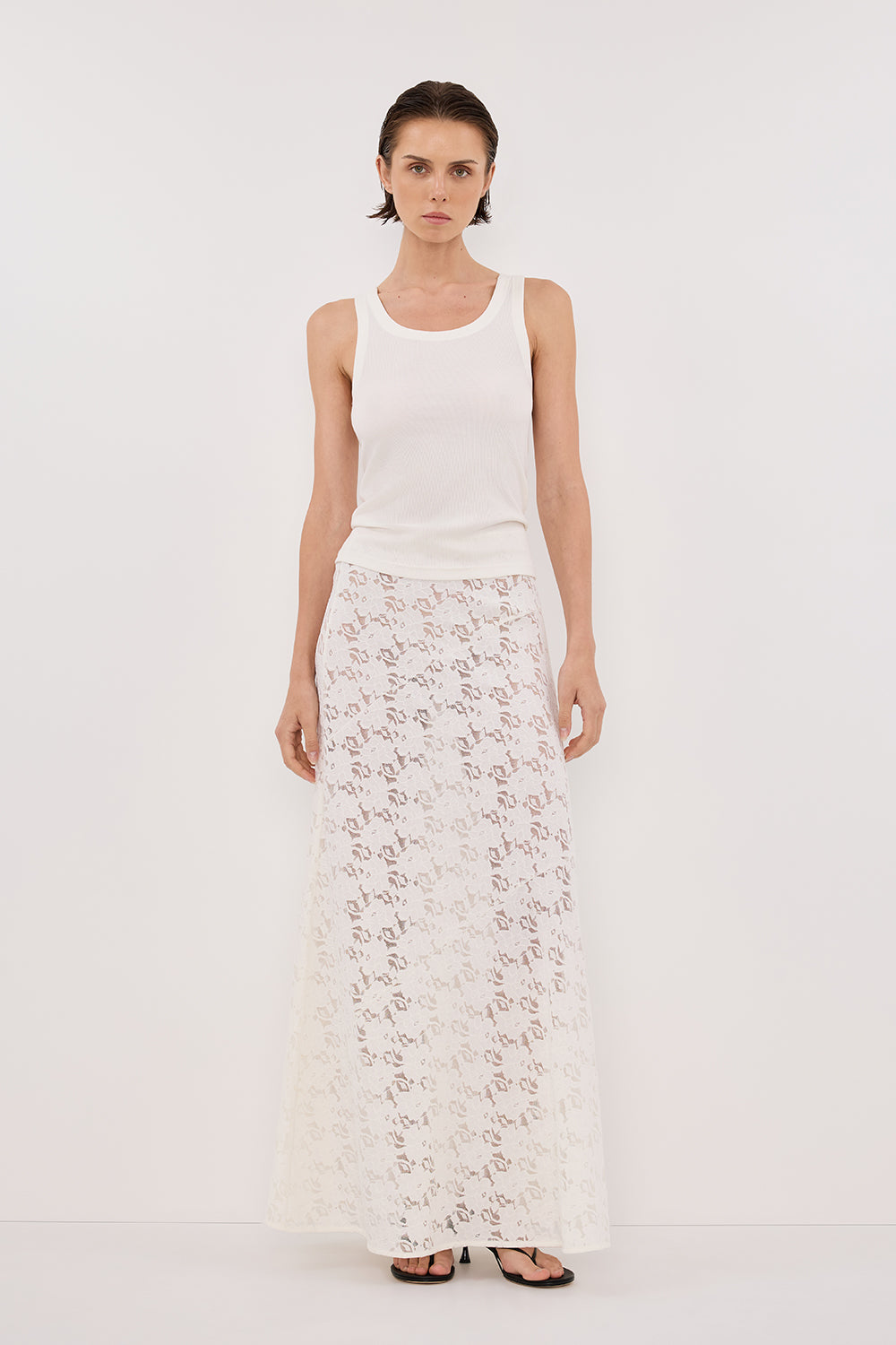 Loula White Lace Midi Skirt with Side Zip - Stretchy Bias Cut