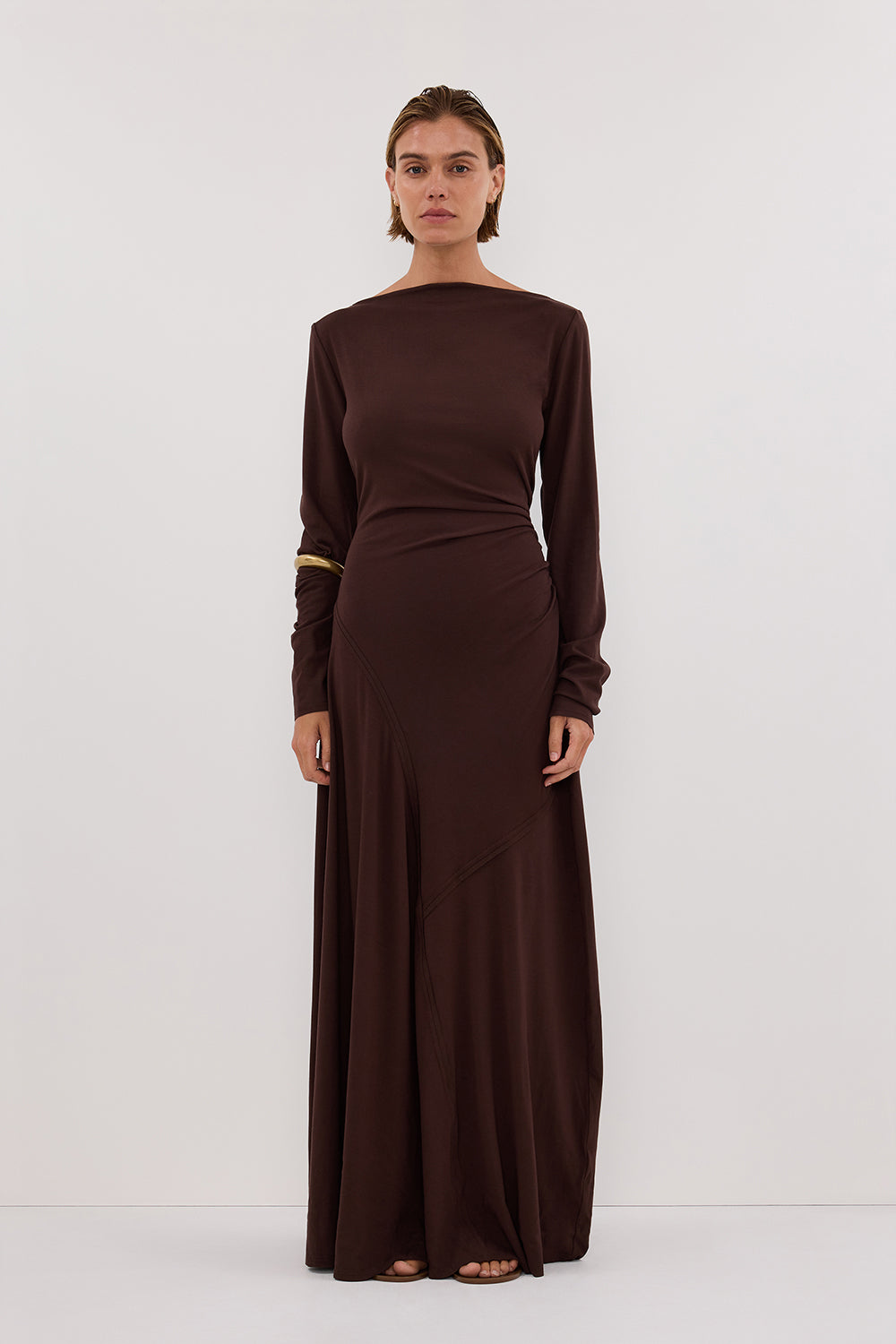 Hadley Chocolate Long Sleeve Knit Maxi Dress with Ruched Detail