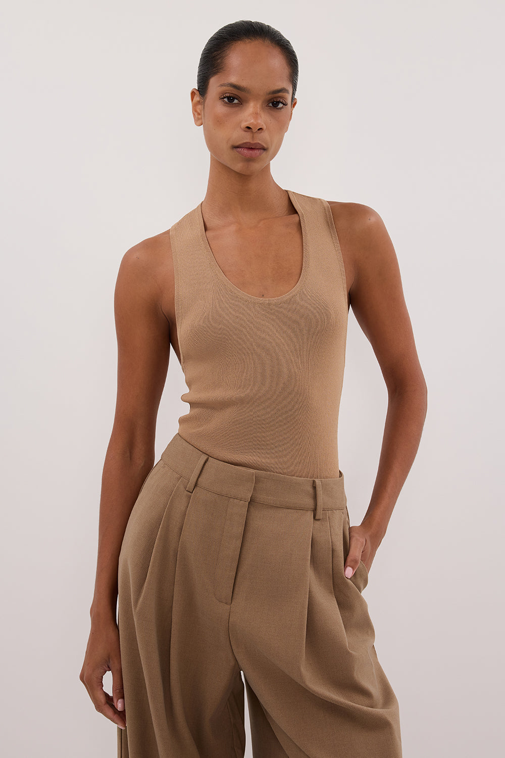 Devin Tan Racerback Knit Tank Top - Sleeveless Scoop Neck