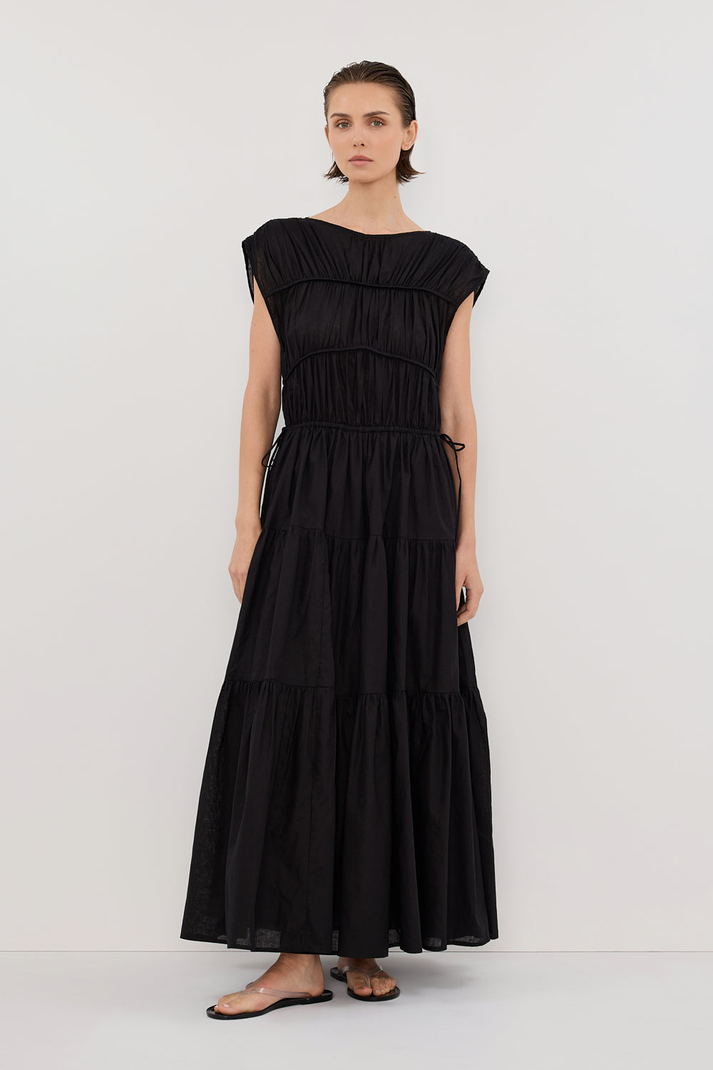 Flynn Black Linen Midi Dress with Adjustable Waist Tie