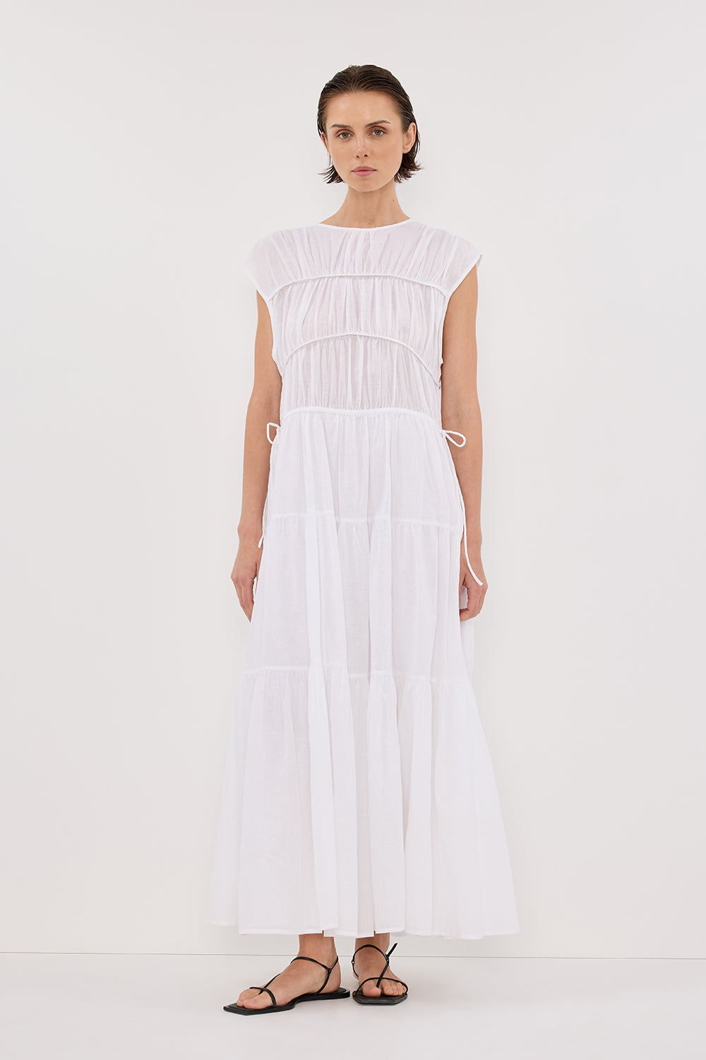 White Linen Midi Dress with Adjustable Waist Tie – Flynn
