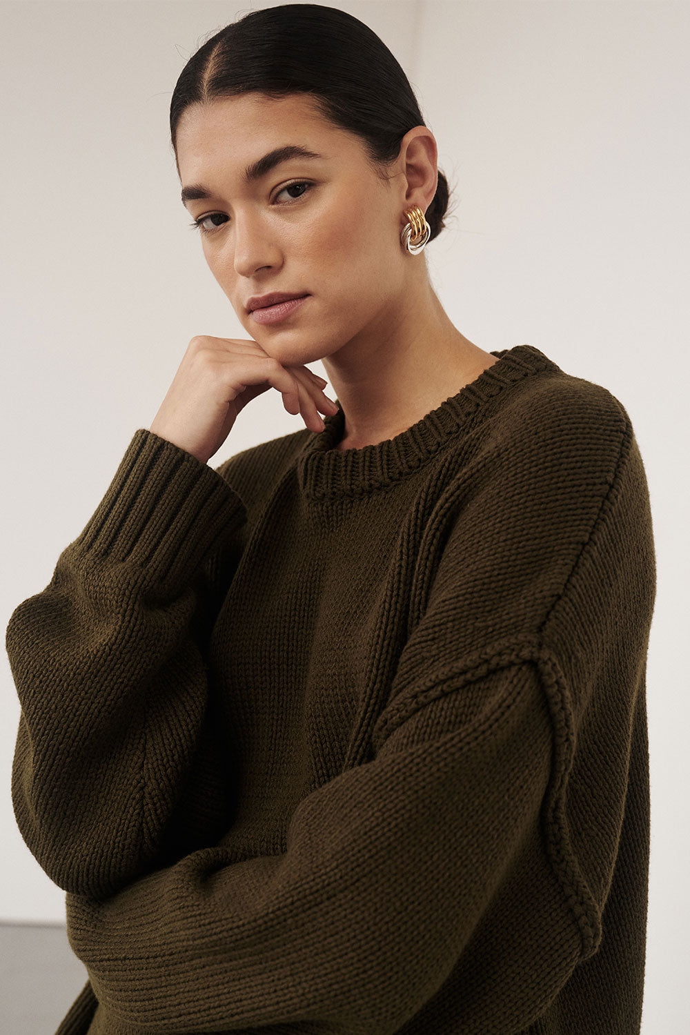 Roy Olive Wool Longline Knit Jumper - Chunky Crew Neck Sweater