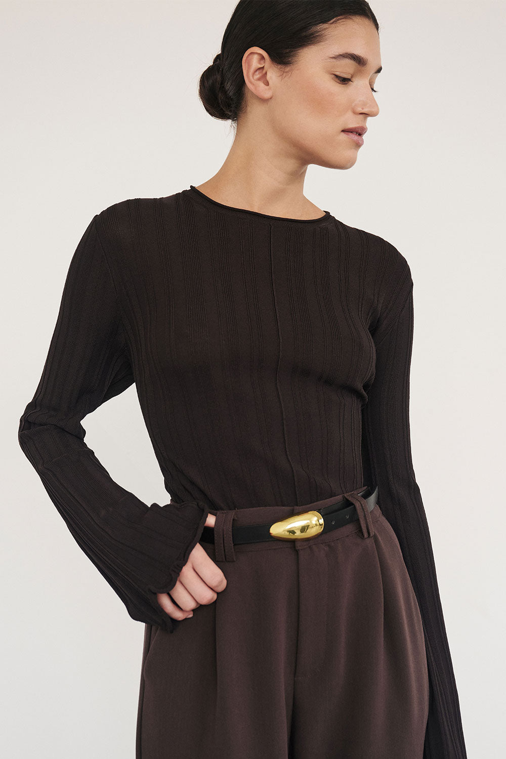Sylvia Bitter Chocolate Long Sleeve Crew Neck Knit Top