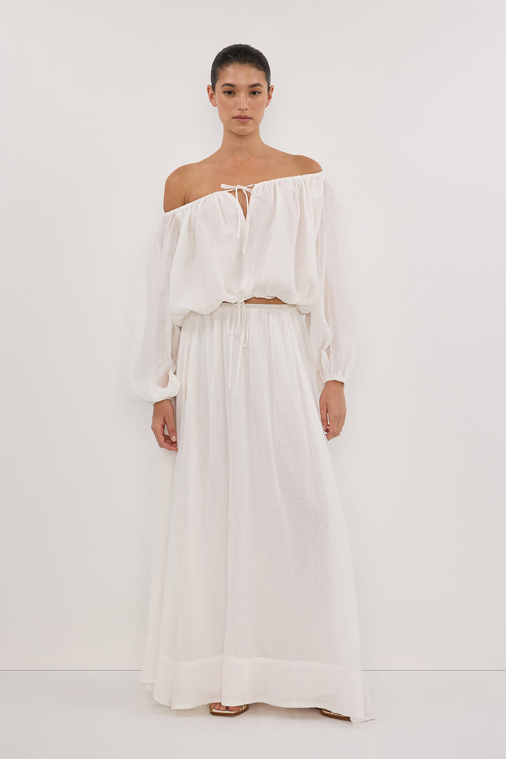 Layne White Ramie Maxi Skirt with Elastic Waistband