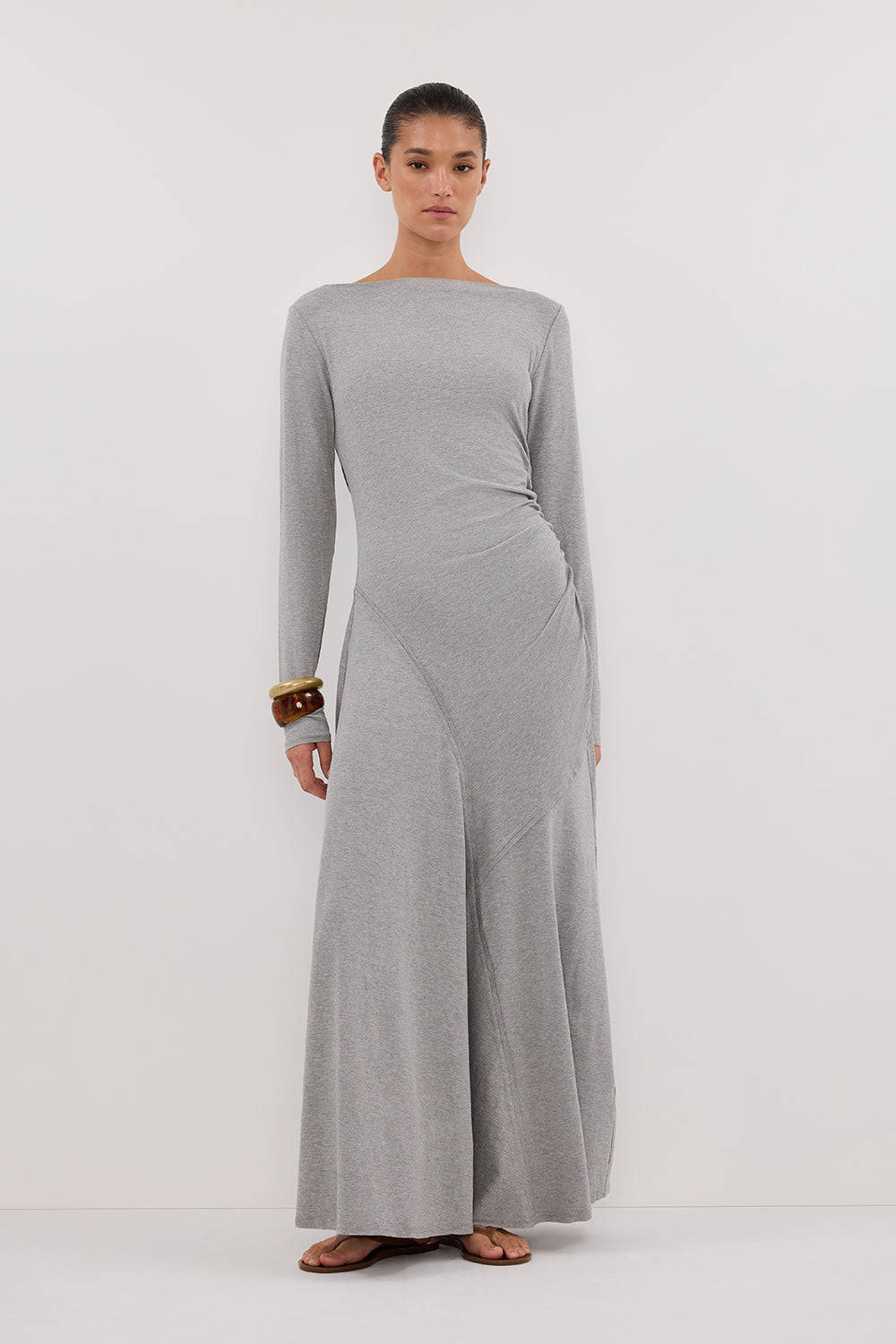 Hadley Silver Long Sleeve Ruched Maxi Dress