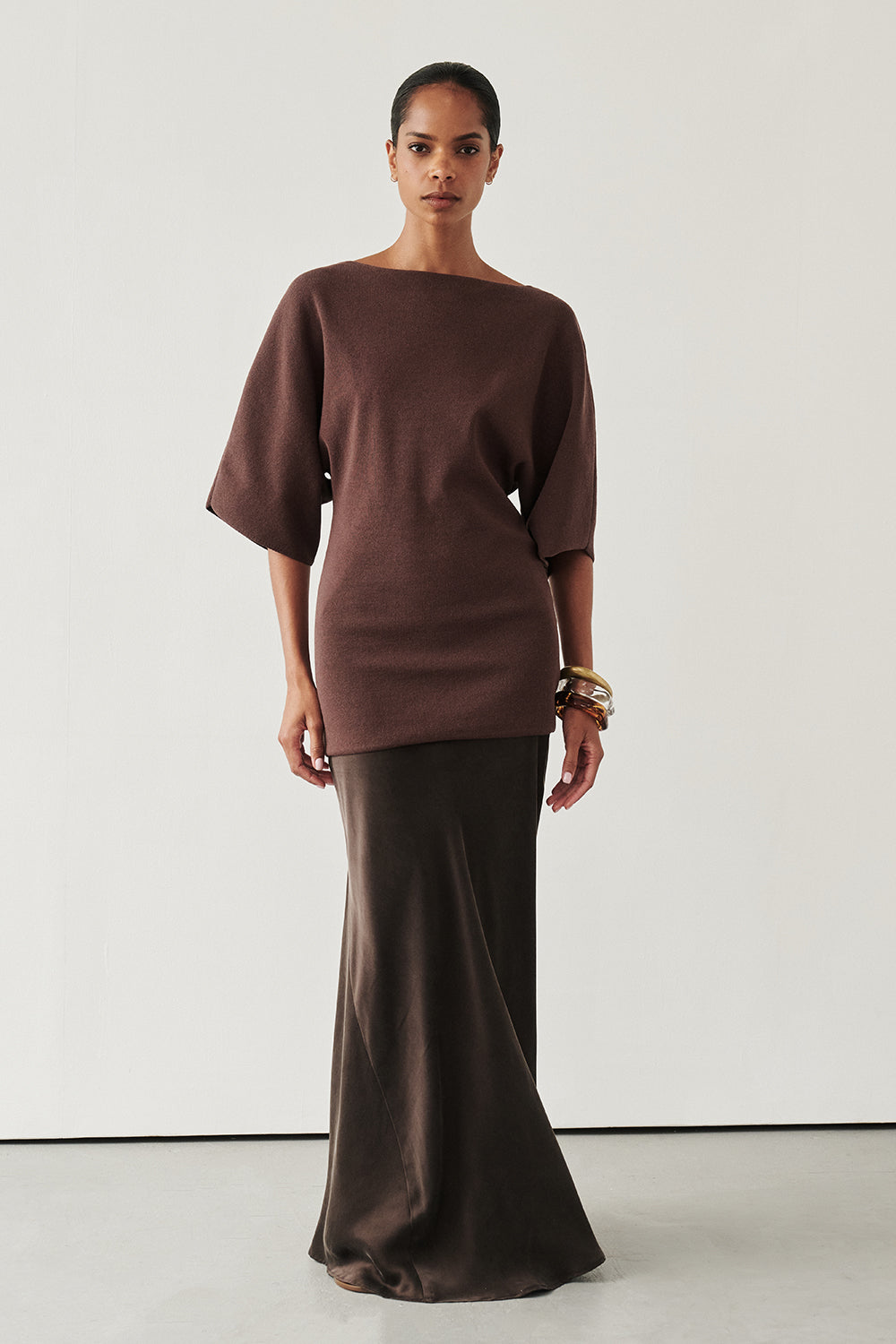 Colette Bitter Chocolate Silk Midi Skirt - Bias Cut