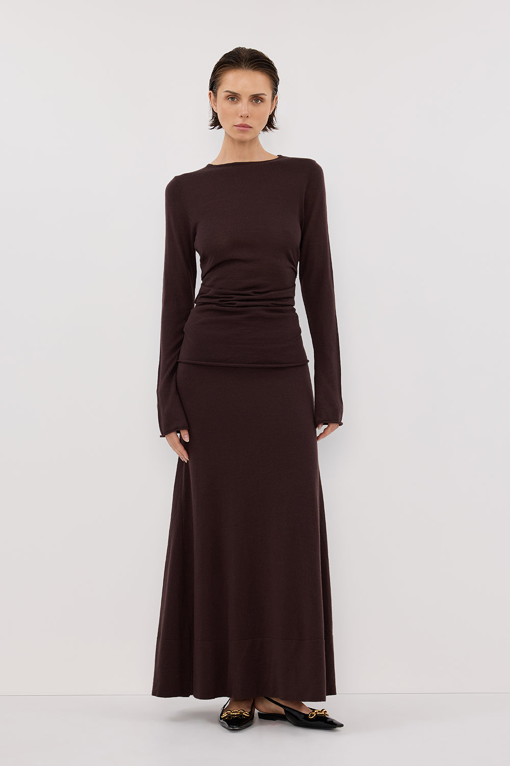 Nico Bitter Chocolate Merino Wool Knit Top - Long Sleeve Relaxed Fit