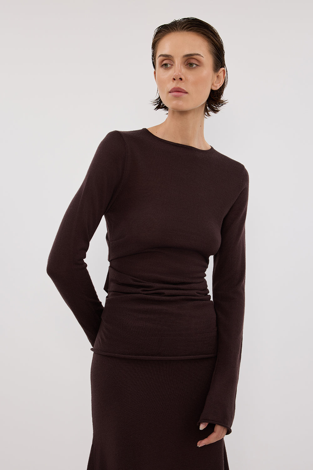 Nico Bitter Chocolate Merino Wool Knit Top - Long Sleeve Relaxed Fit