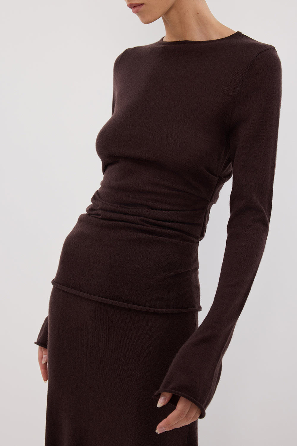 Nico Bitter Chocolate Merino Wool Knit Top - Long Sleeve Relaxed Fit