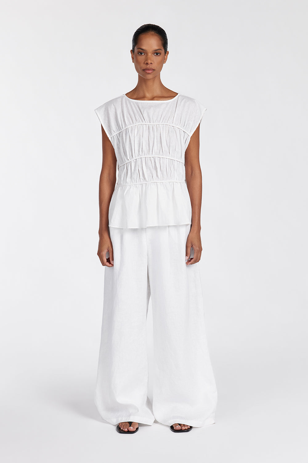 Flynn White Linen Blend Tiered Top - Boxy Oversized Fit