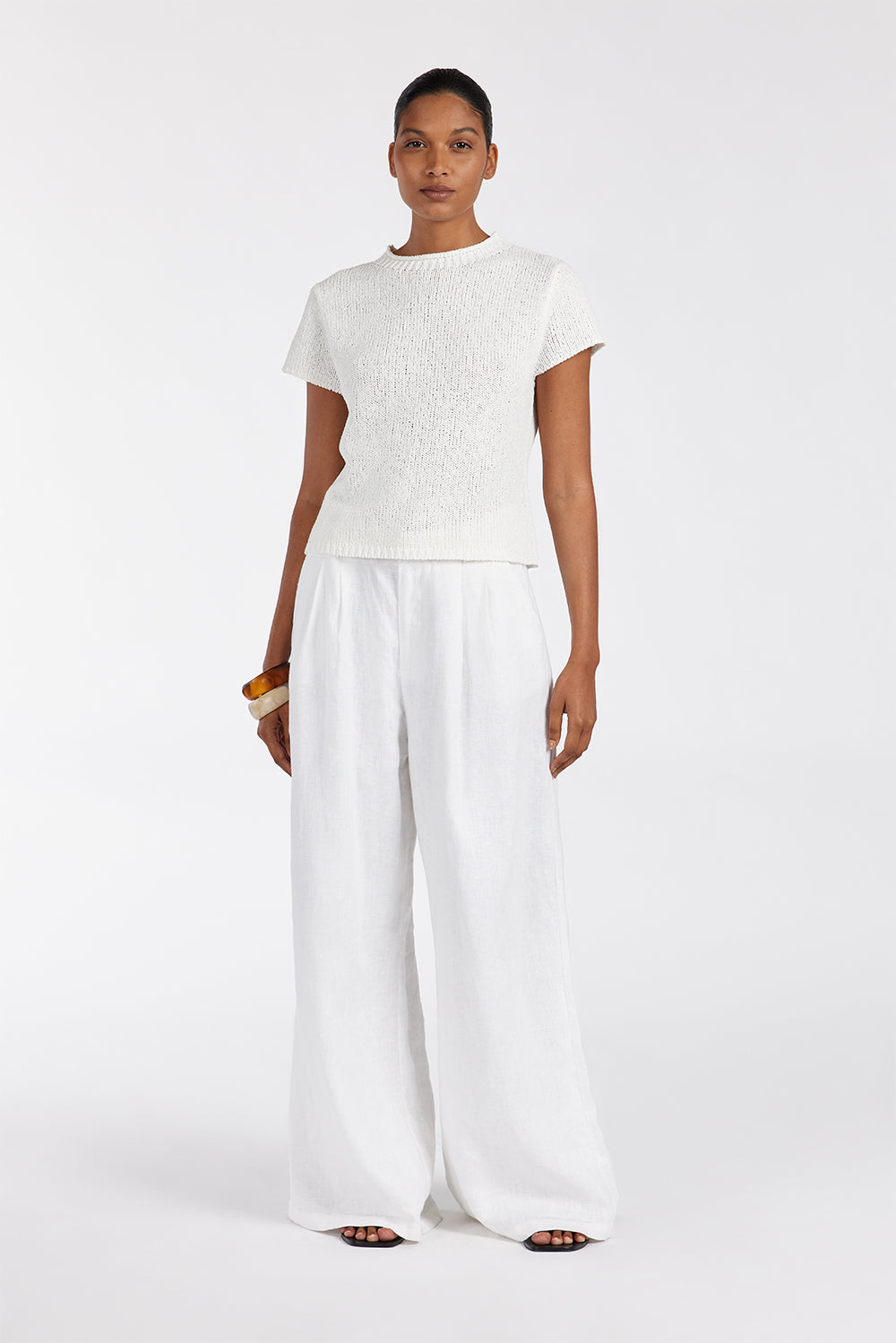 LEO Women's Off White Ribbed Knit Top with Crew Neck