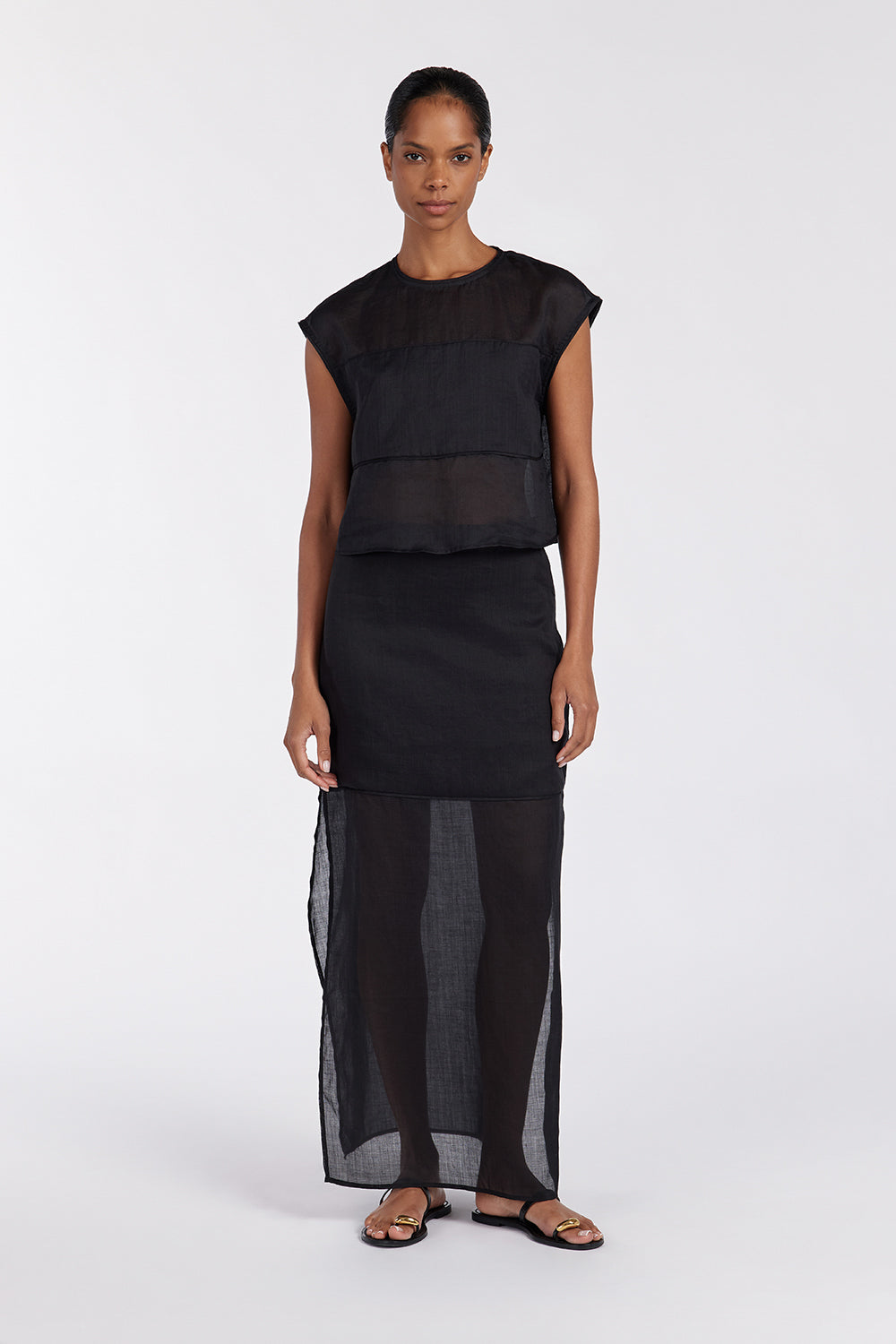 Kai Black Sheer Ramie Midi Skirt with Side Splits