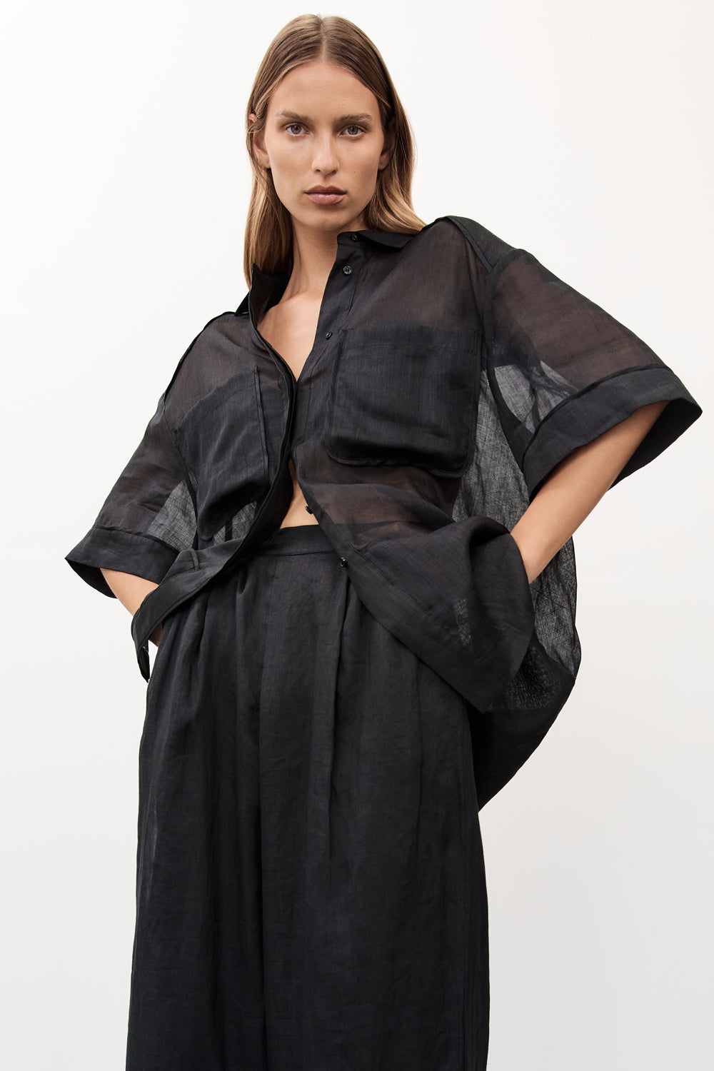 Kai Black Ramie Resort Shirt - Oversized Longline Button Down with Pockets