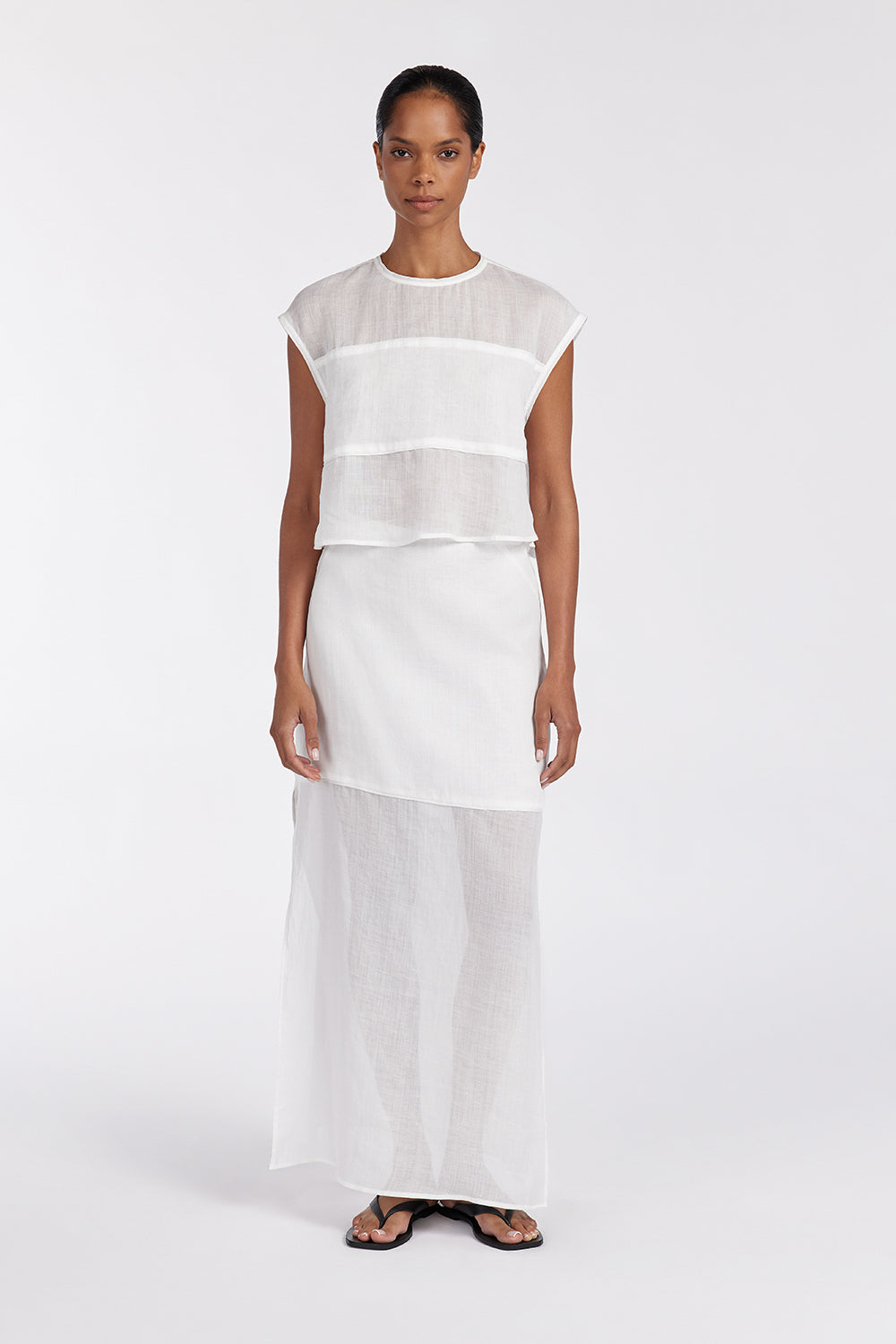 Kai White Ramie Midi Skirt - Sheer & Elastic Waist