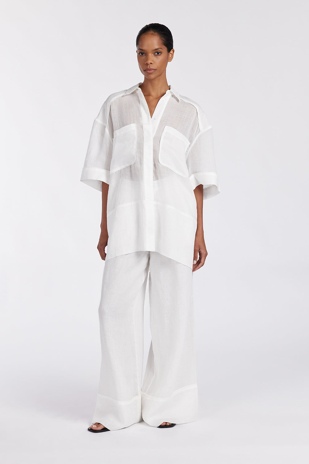 Kai White Ramie Resort Shirt - Oversized Sheer Button Down with Pockets