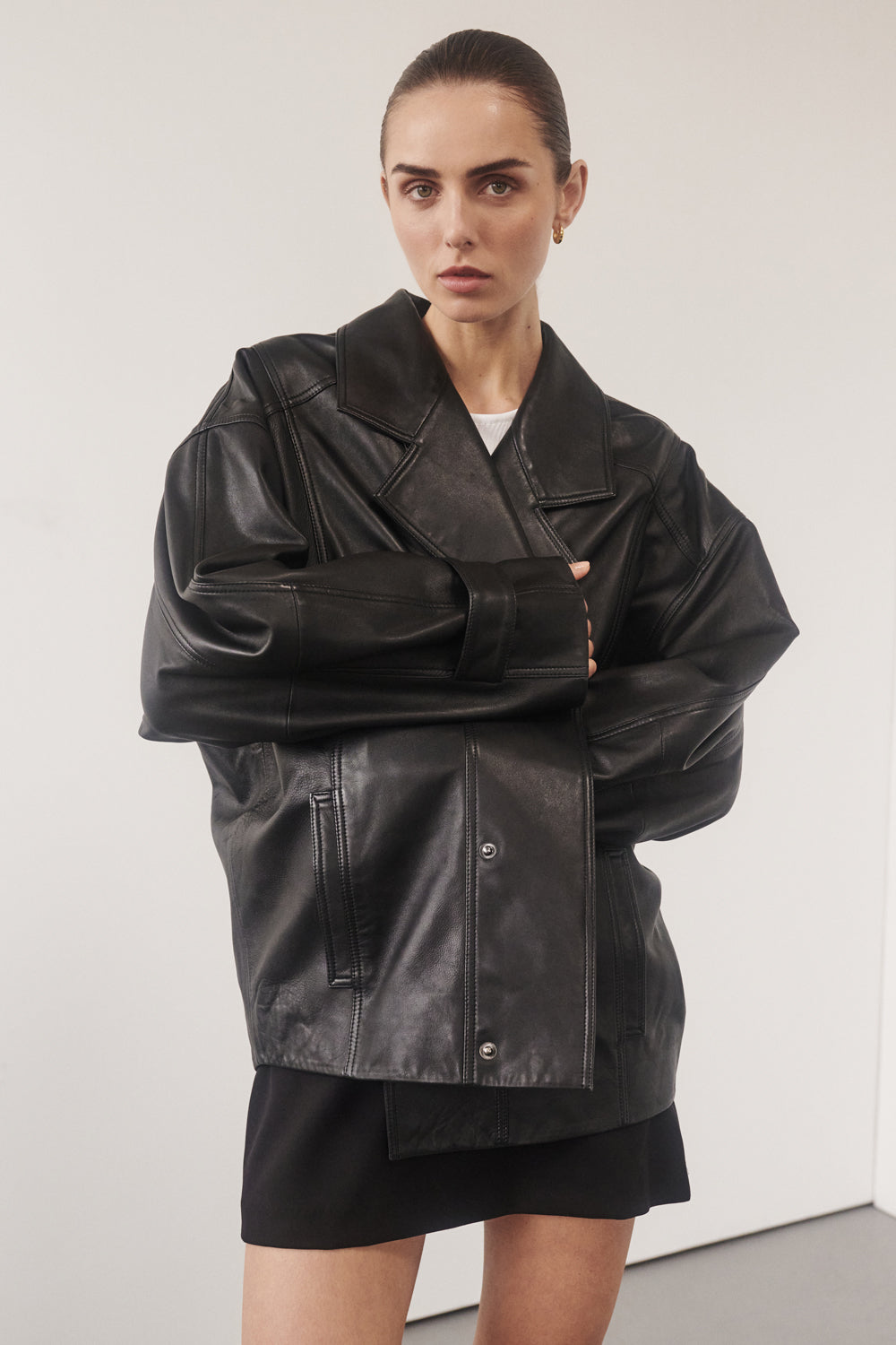 Margot Black Oversized Leather Jacket with Button Closure