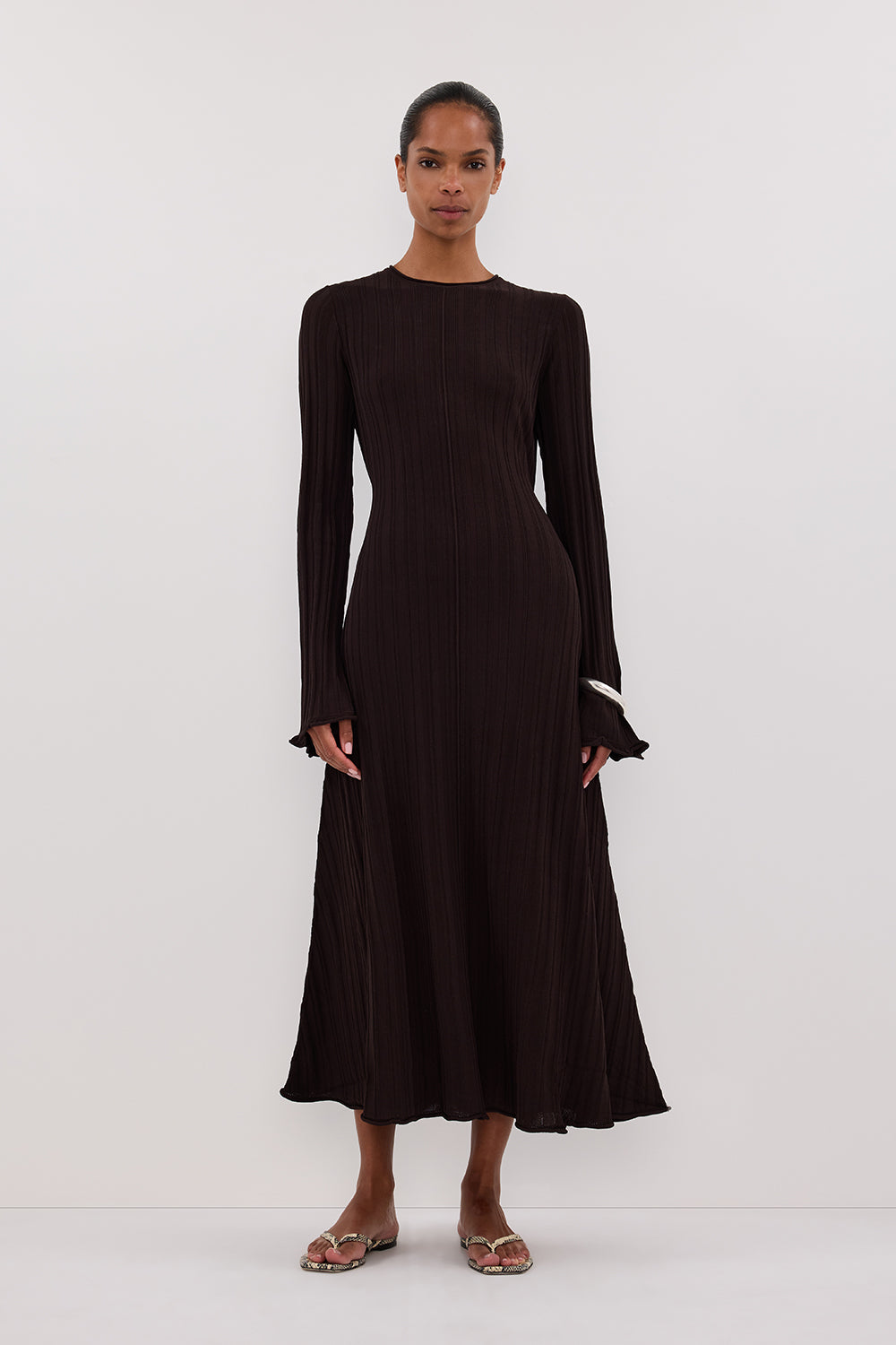 Sylvia Bitter Chocolate Knit Midi Dress with Waist Ties