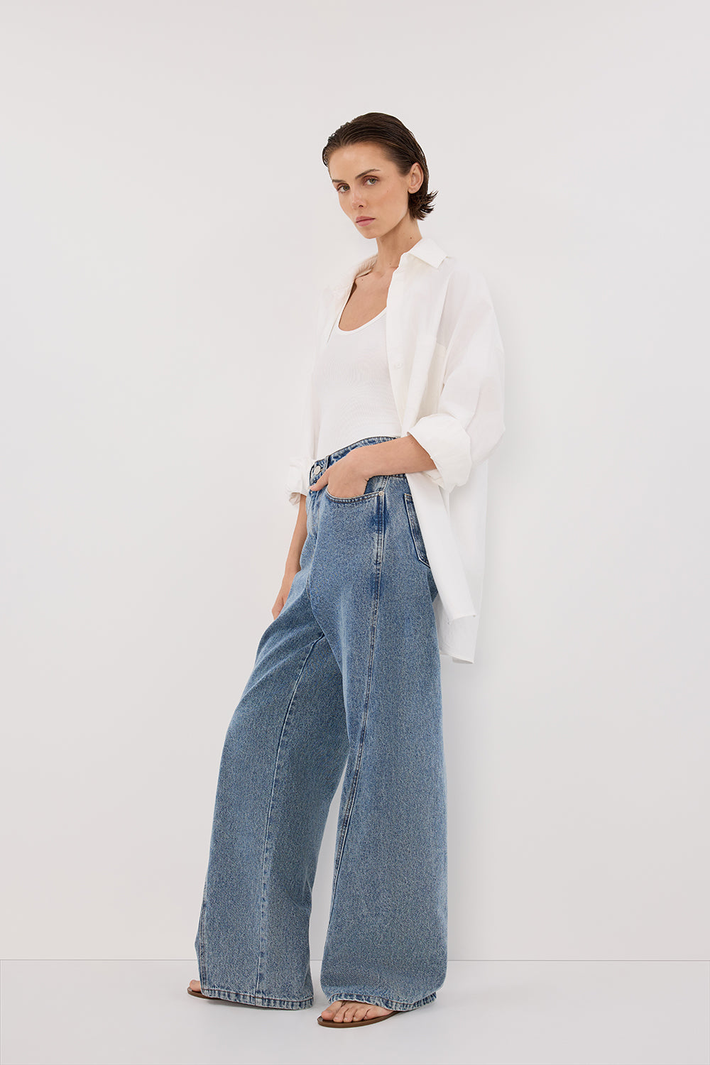 DISSH Carson High Rise Wide Leg Jeans - Medium Blue Denim
