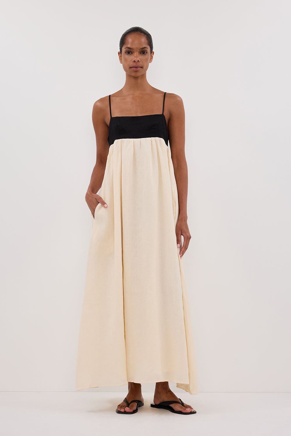 Elena Buttermilk Linen Maxi Dress with Square Neck & Open Back