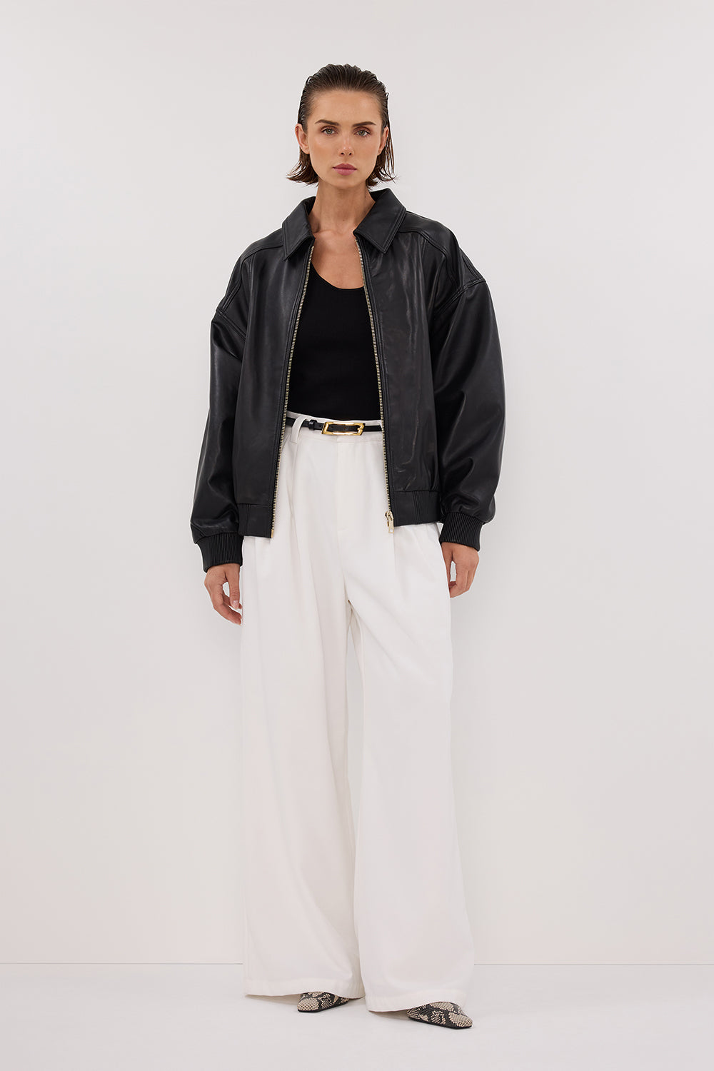 Hutton Black Real Leather Oversized Bomber Jacket