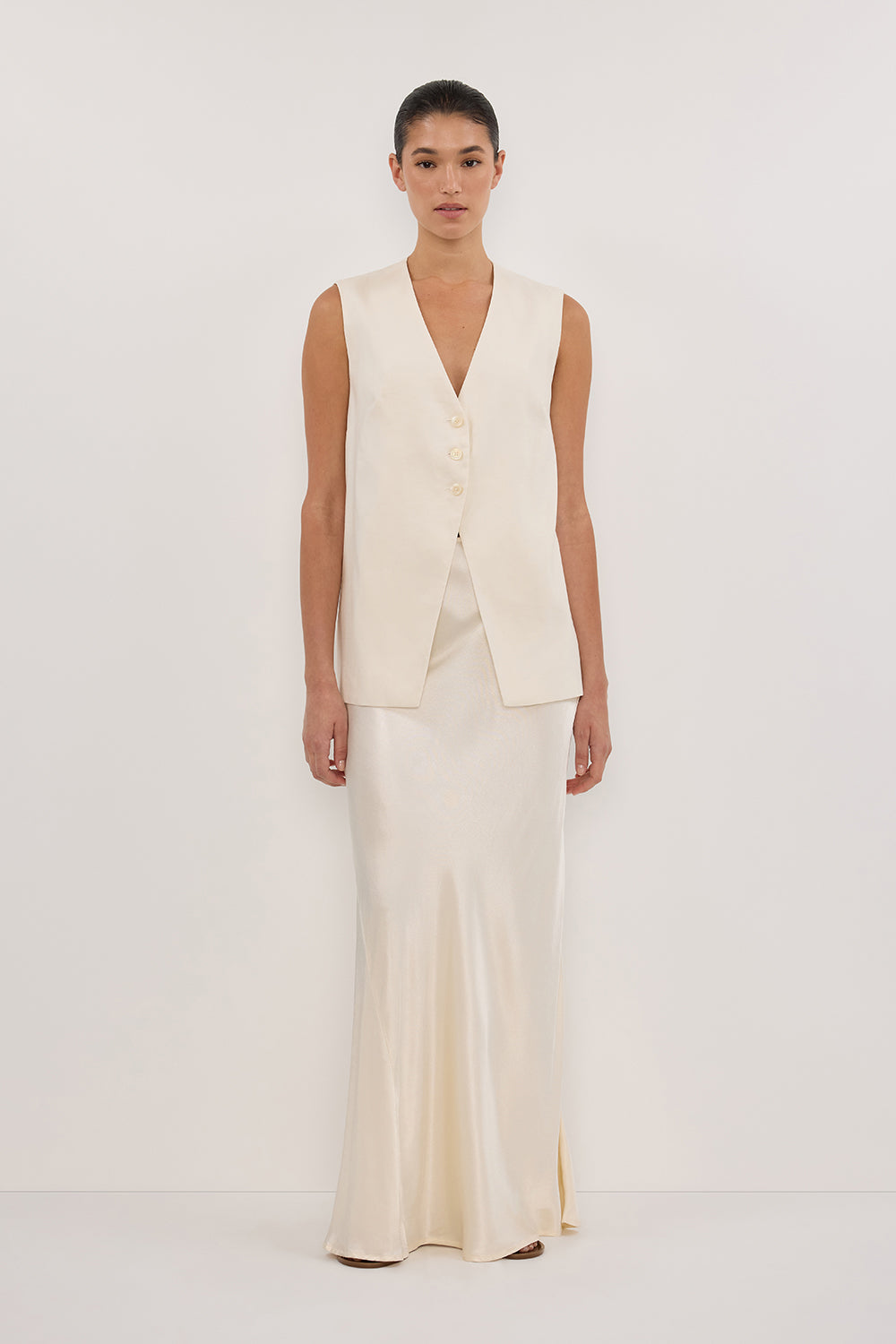 Charli Cream Satin Maxi Skirt with Side Zip & Bias Cut