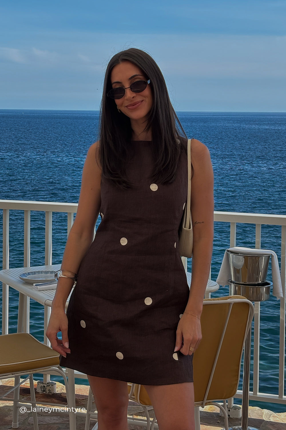 Beverly Linen Mini Dress with Chocolate Spots & Gold Waist Tie