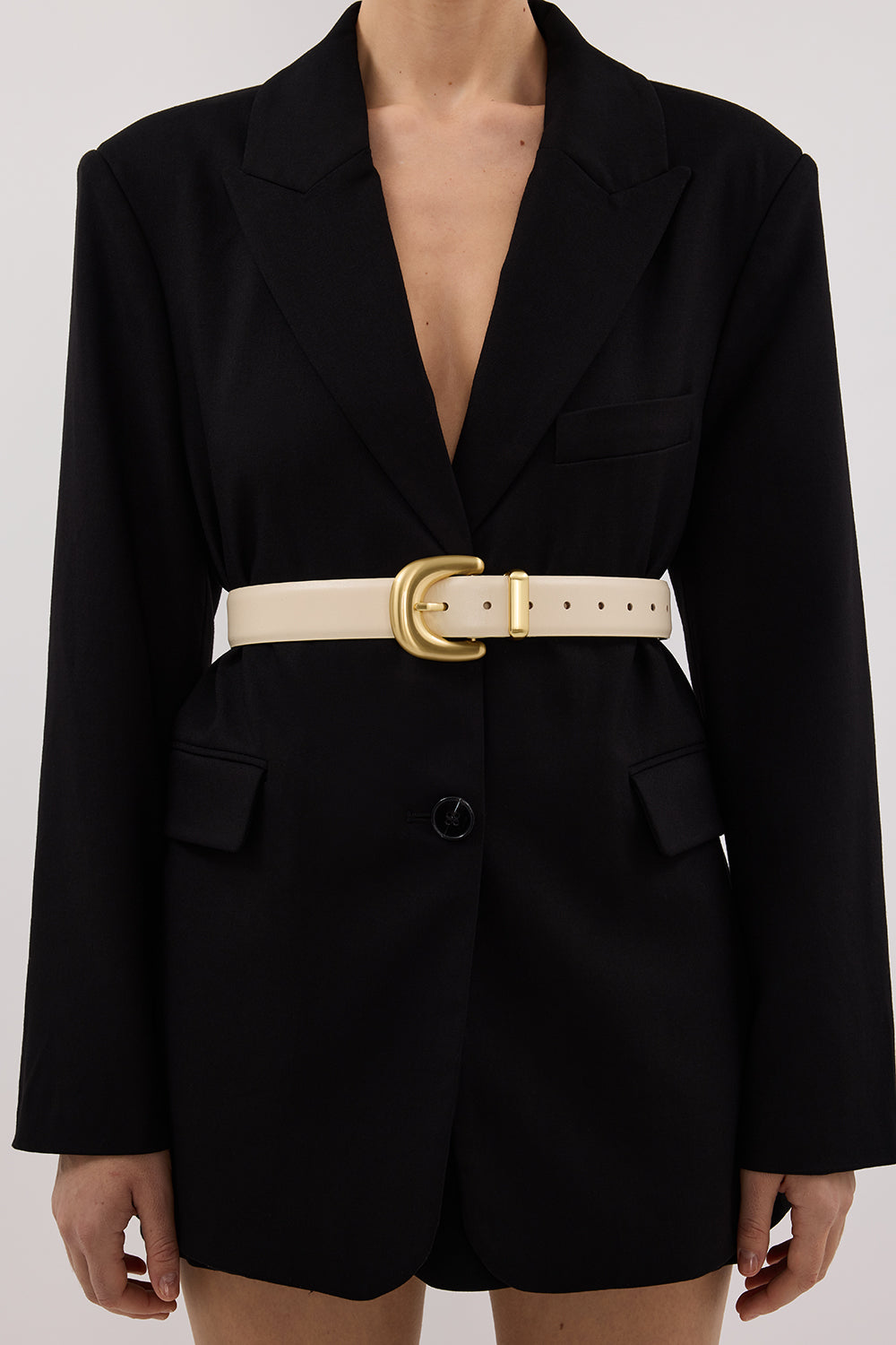 Sancia Myrna Handcrafted Wide Leather Belt with Chunky Buckle - Ecru