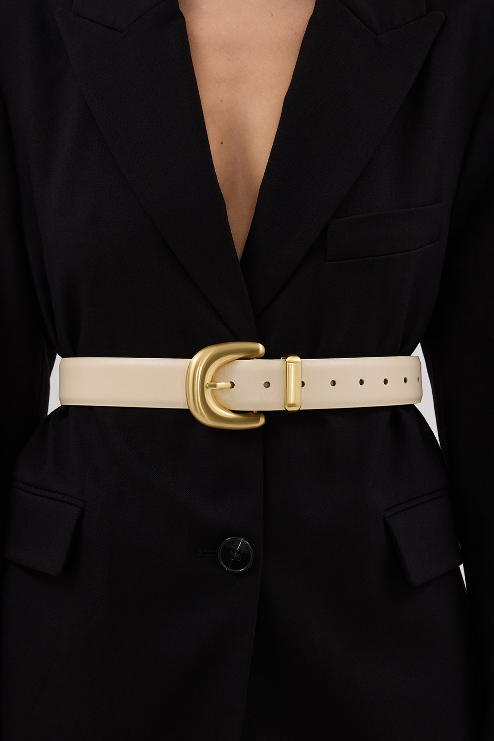 Sancia Myrna Handcrafted Wide Leather Belt with Chunky Buckle - Ecru