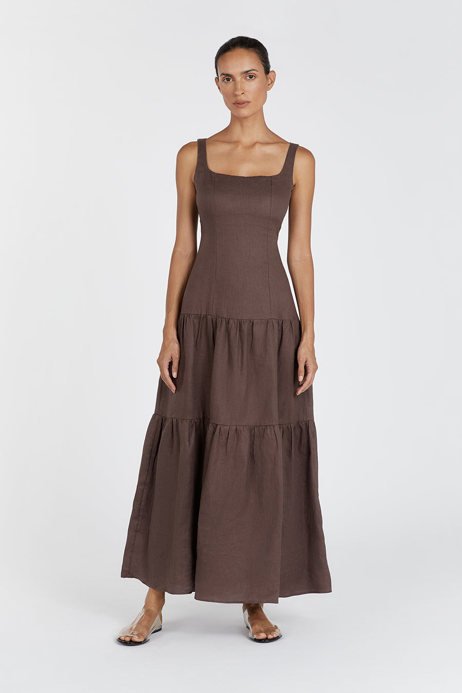 Chocolate Linen Maxi Dress with Adjustable Straps & Ruched Back