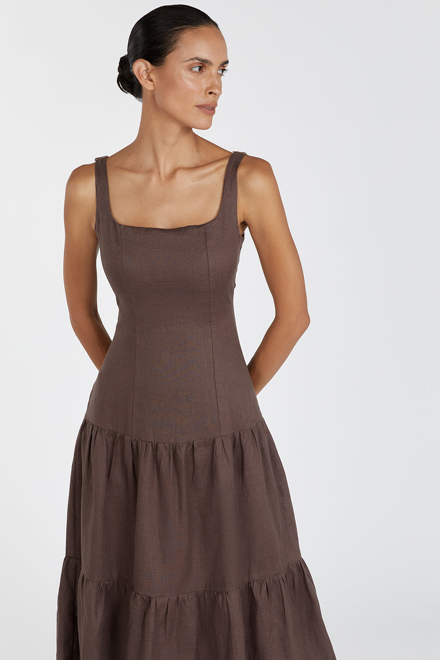 Chocolate Linen Maxi Dress with Adjustable Straps & Ruched Back