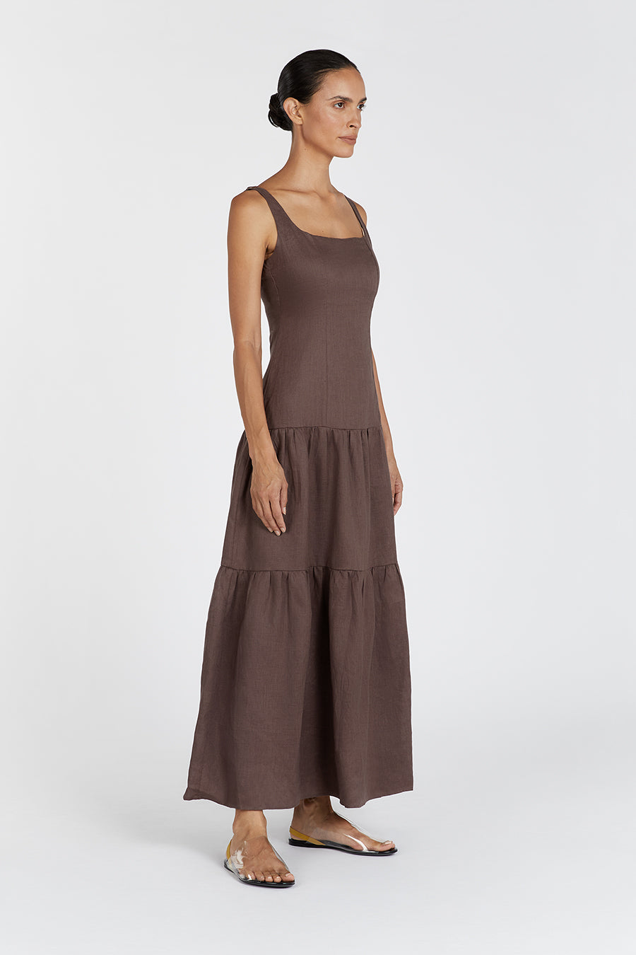 Chocolate Linen Maxi Dress with Adjustable Straps & Ruched Back