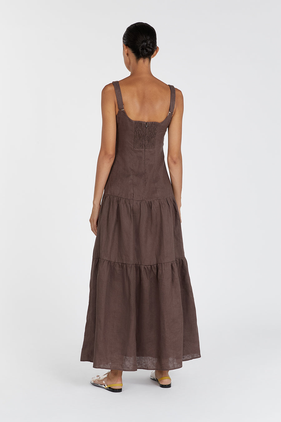 Chocolate Linen Maxi Dress with Adjustable Straps & Ruched Back