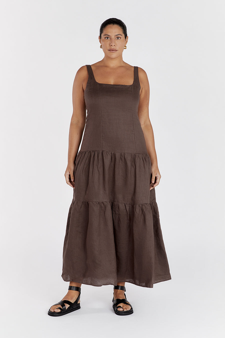 Chocolate Linen Maxi Dress with Adjustable Straps & Ruched Back