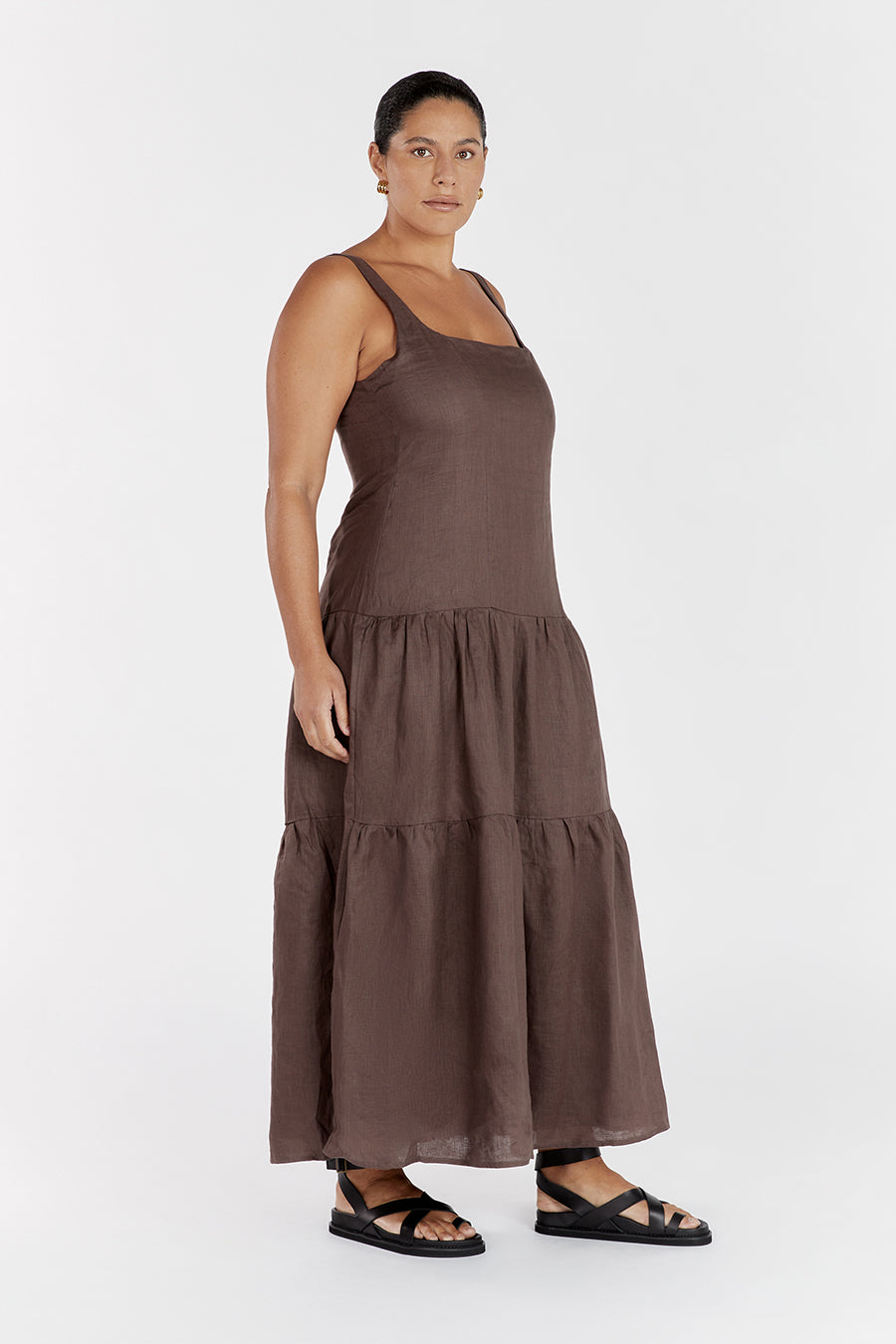 Chocolate Linen Maxi Dress with Adjustable Straps & Ruched Back