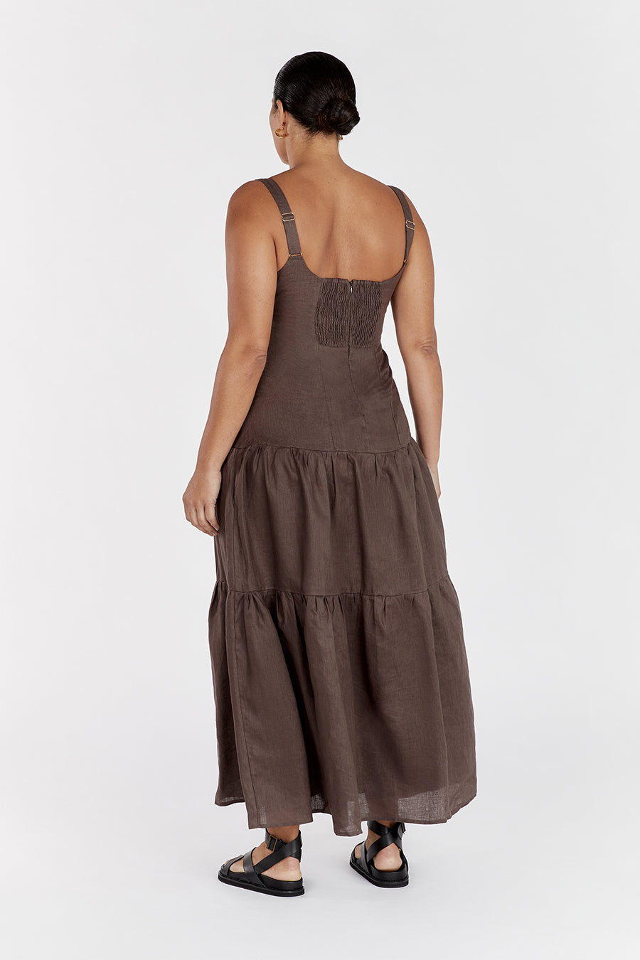 Chocolate Linen Maxi Dress with Adjustable Straps & Ruched Back