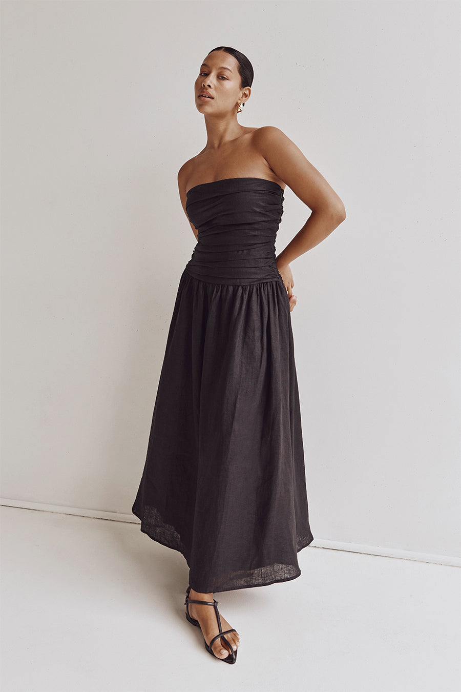 Black Linen Strapless Midi Dress with Drop Waist