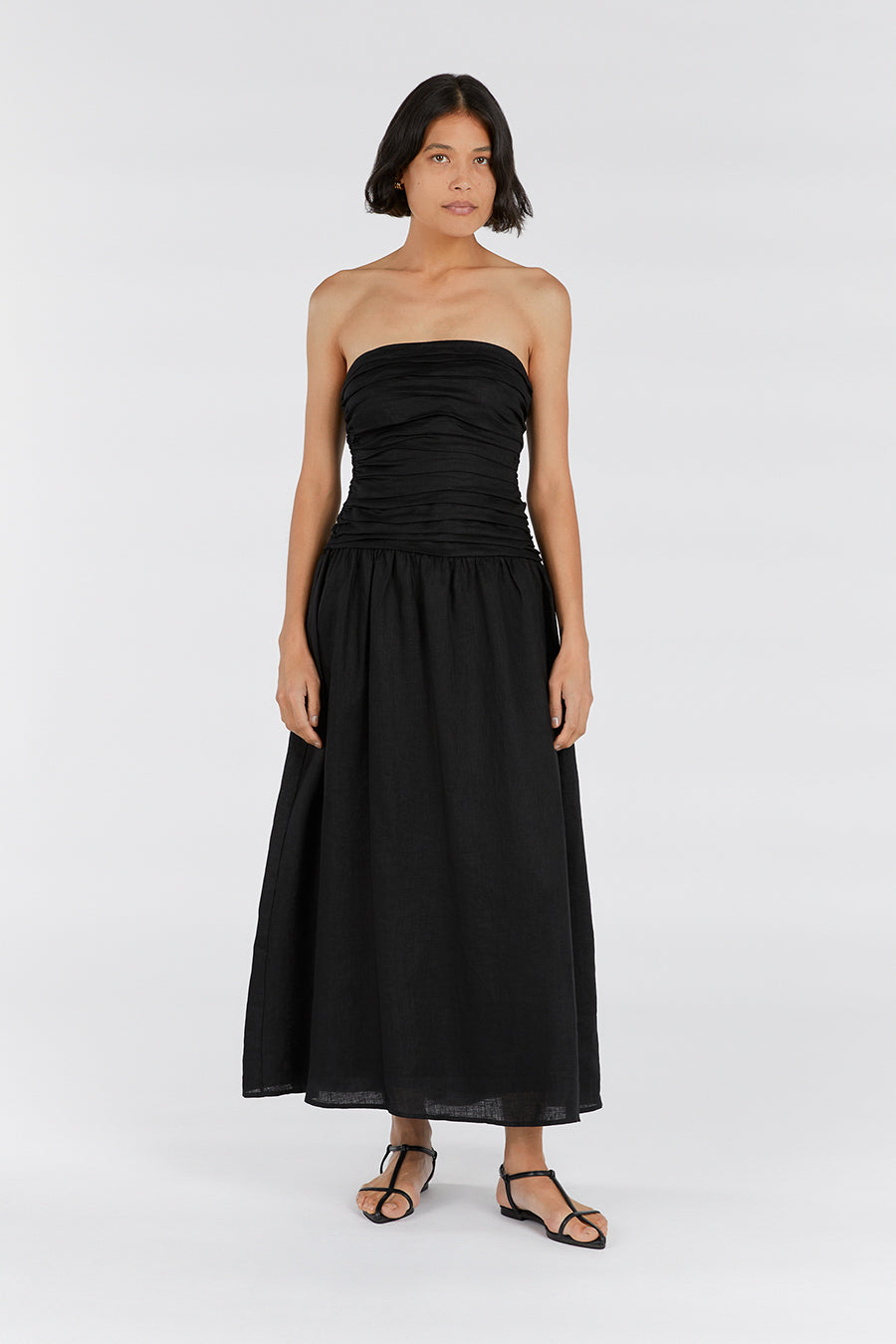 Black Linen Strapless Midi Dress with Drop Waist