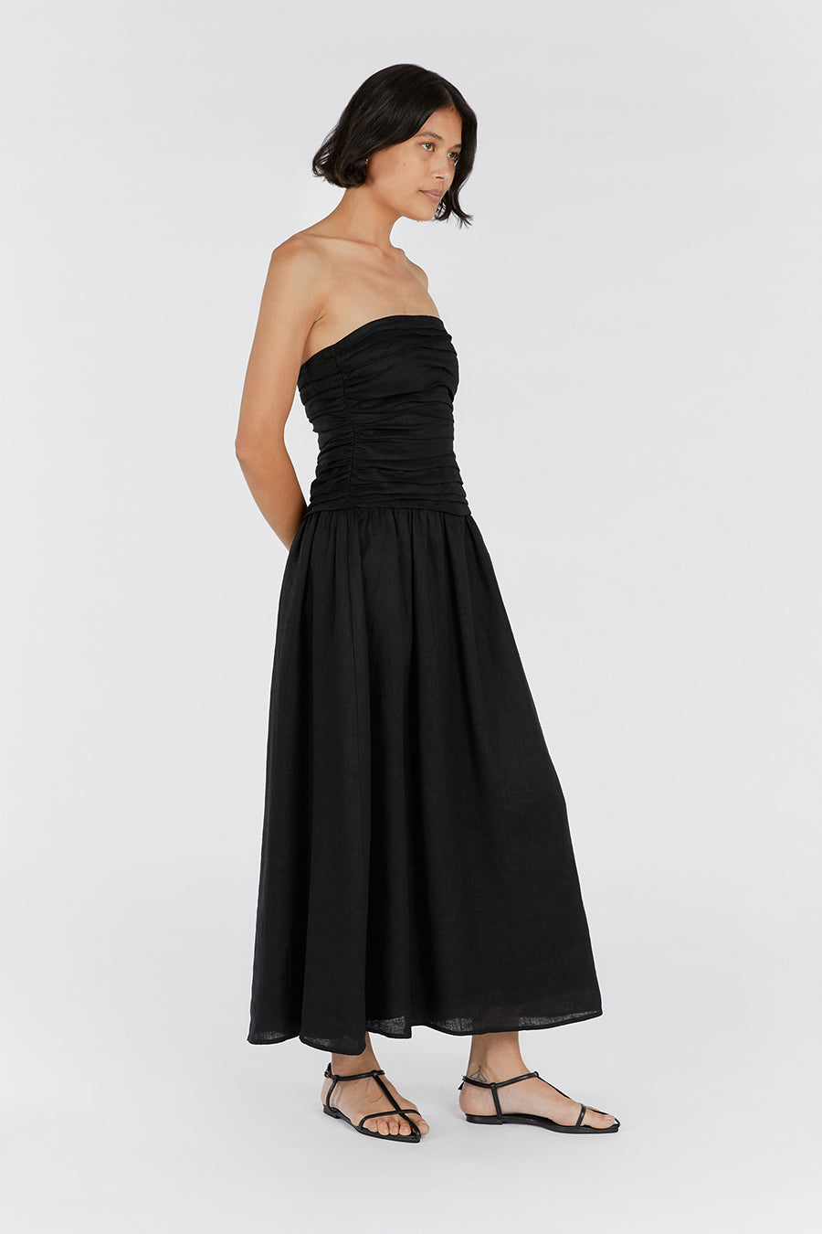 Black Linen Strapless Midi Dress with Drop Waist
