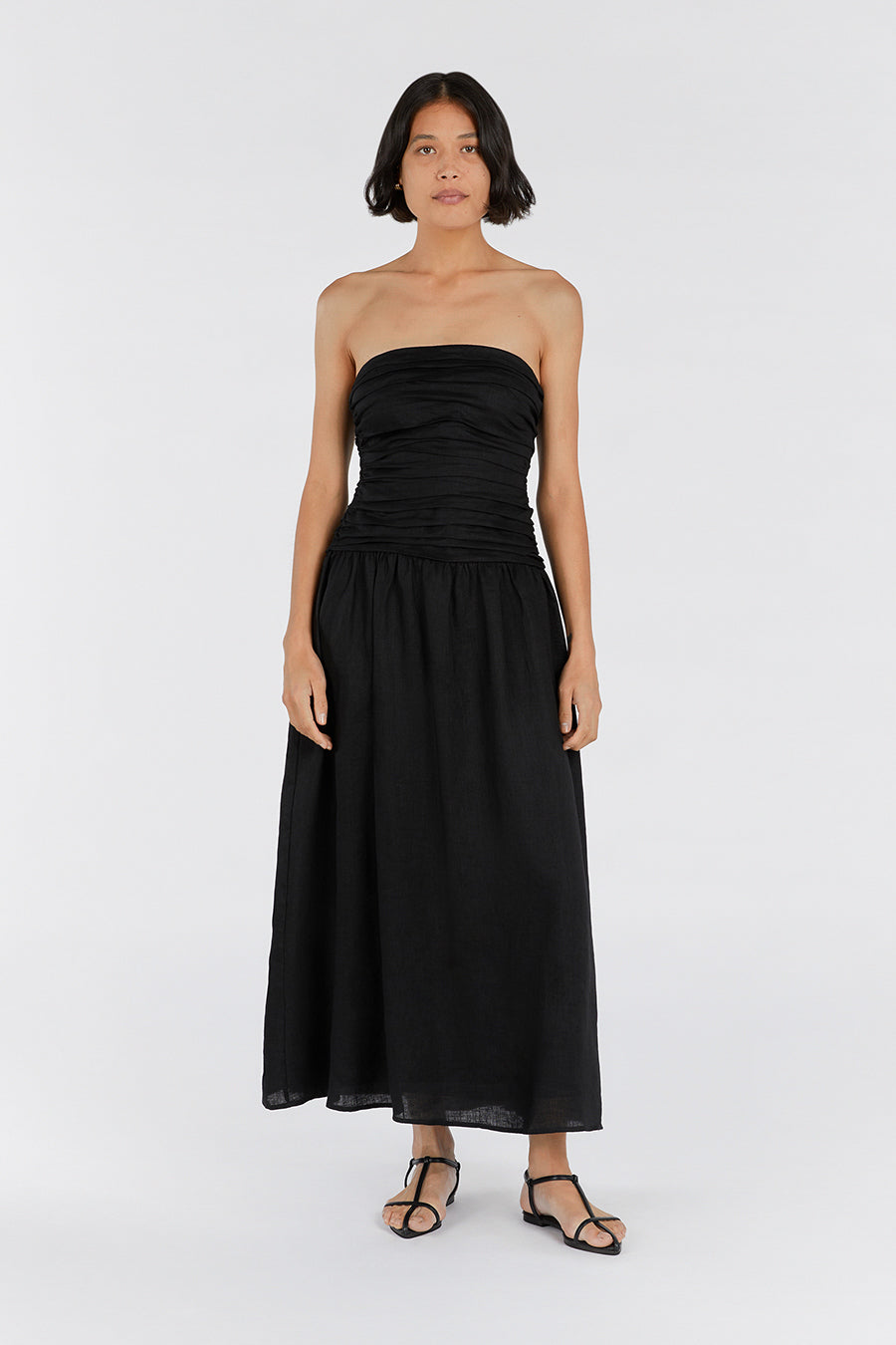 Black Linen Strapless Midi Dress with Drop Waist