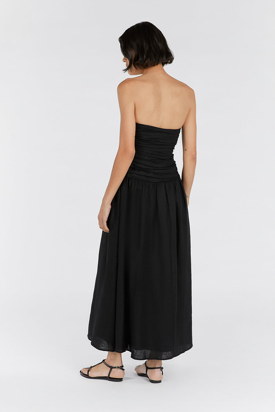 Black Linen Strapless Midi Dress with Drop Waist