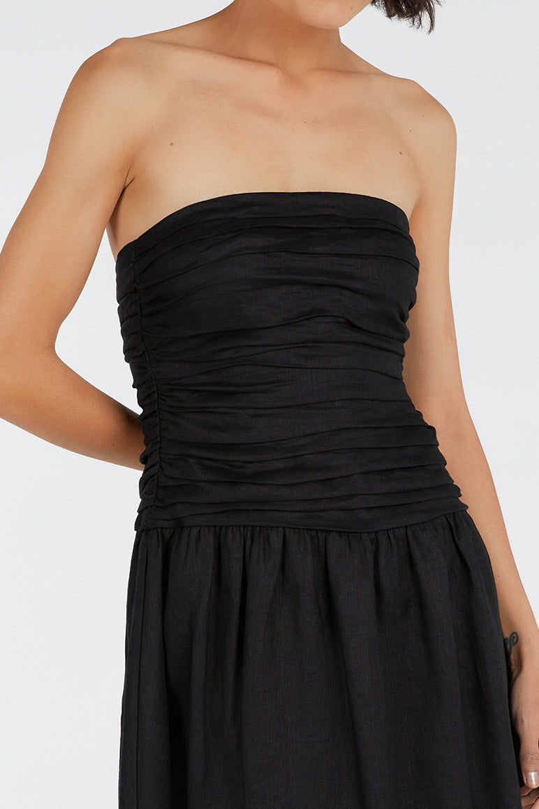 Black Linen Strapless Midi Dress with Drop Waist