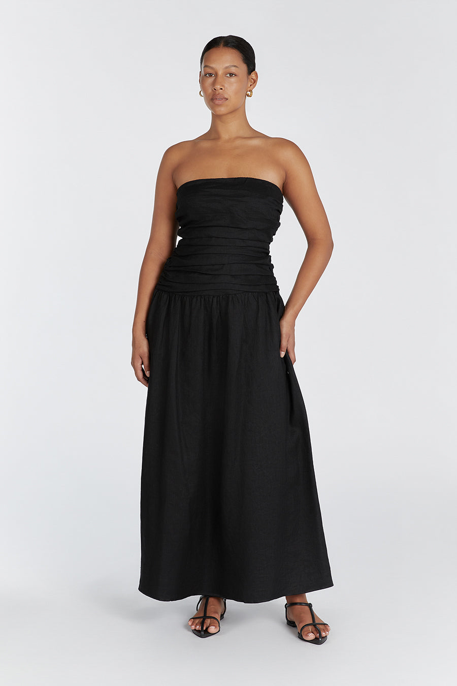 Black Linen Strapless Midi Dress with Drop Waist