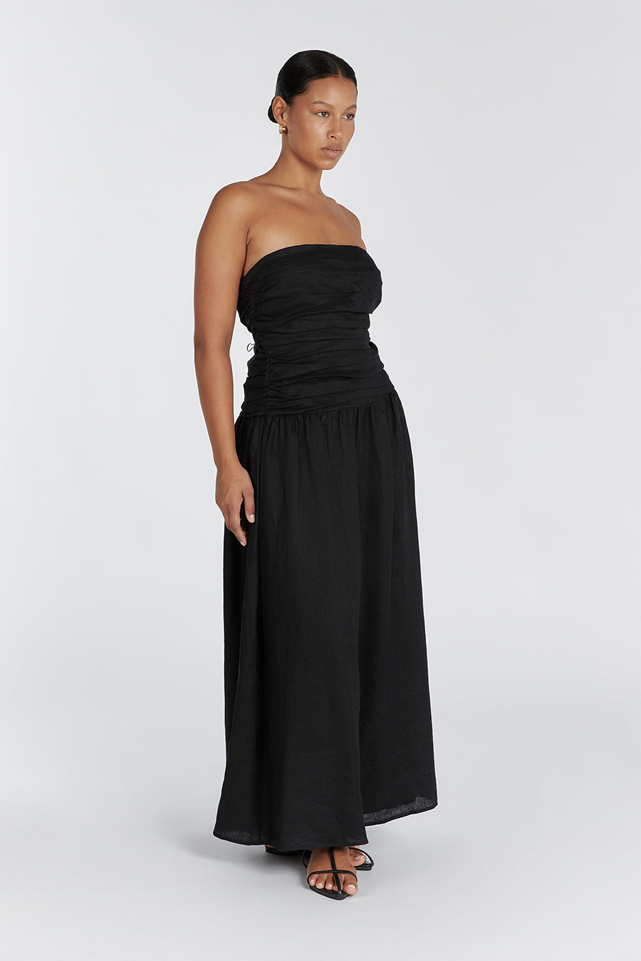 Black Linen Strapless Midi Dress with Drop Waist